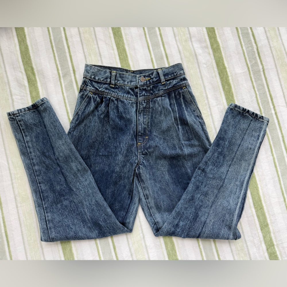 Vintage Space Legs High-Waisted Pleated Blue Denim Jeans
